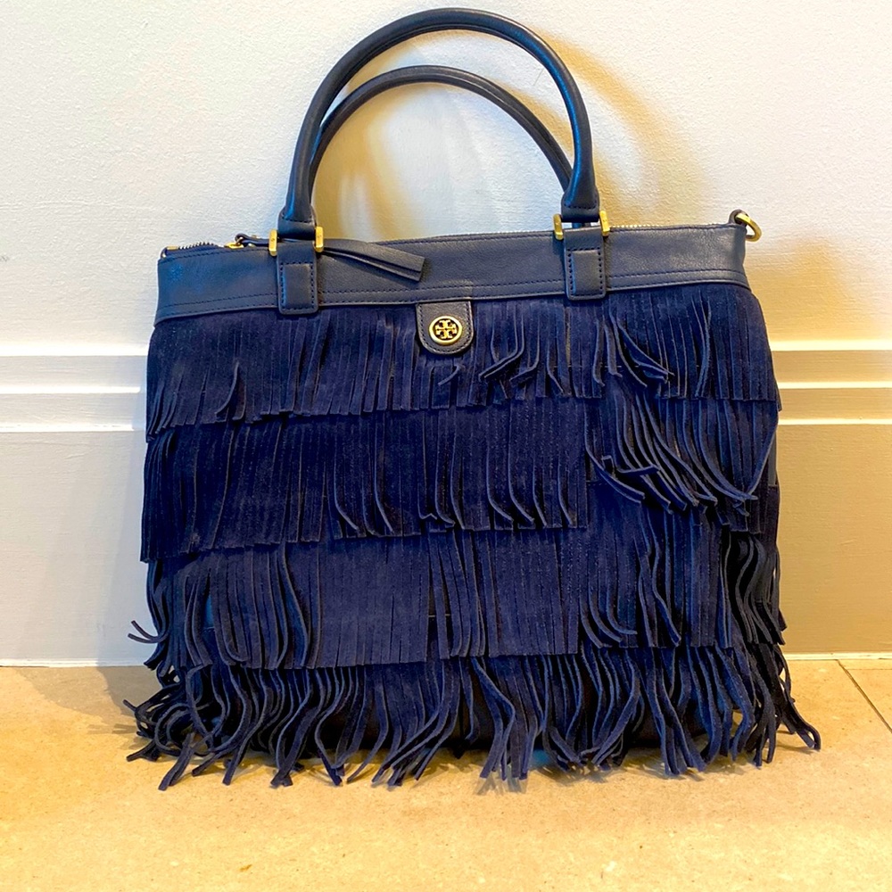 Tori Burch Fringe Suede Tote Bag in Navy